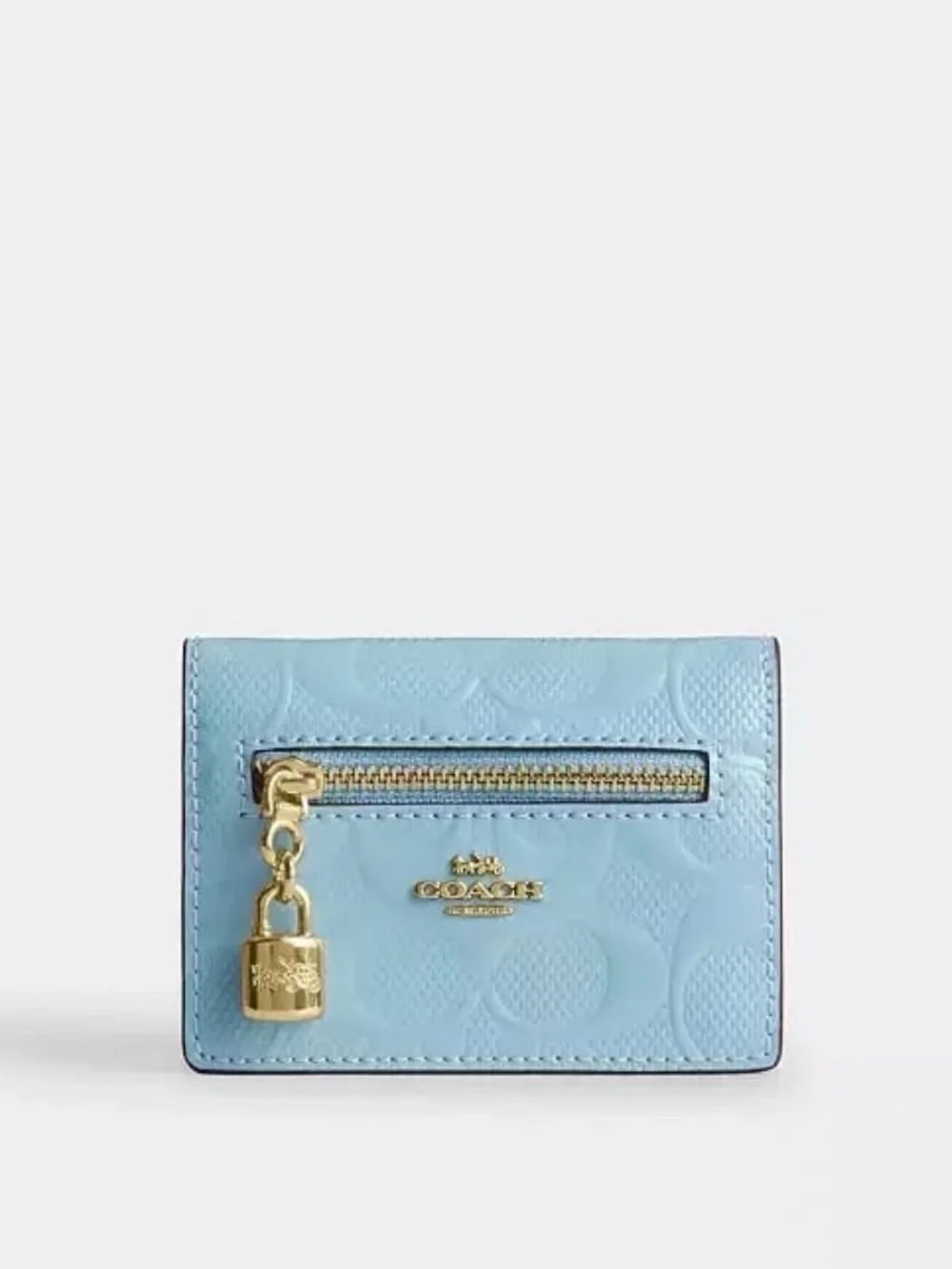 Coach Snap Card Case w/ Charms Pearlized Signature Leather Gold/Light Blue NWT